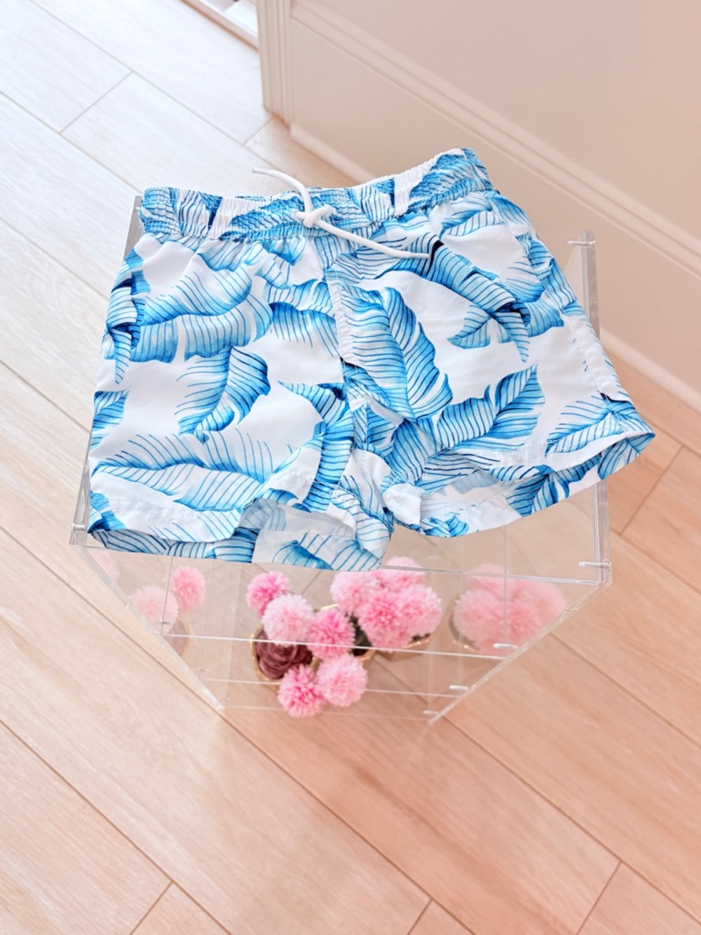 Janie and Jack White Shorts with Blue Leaf Print